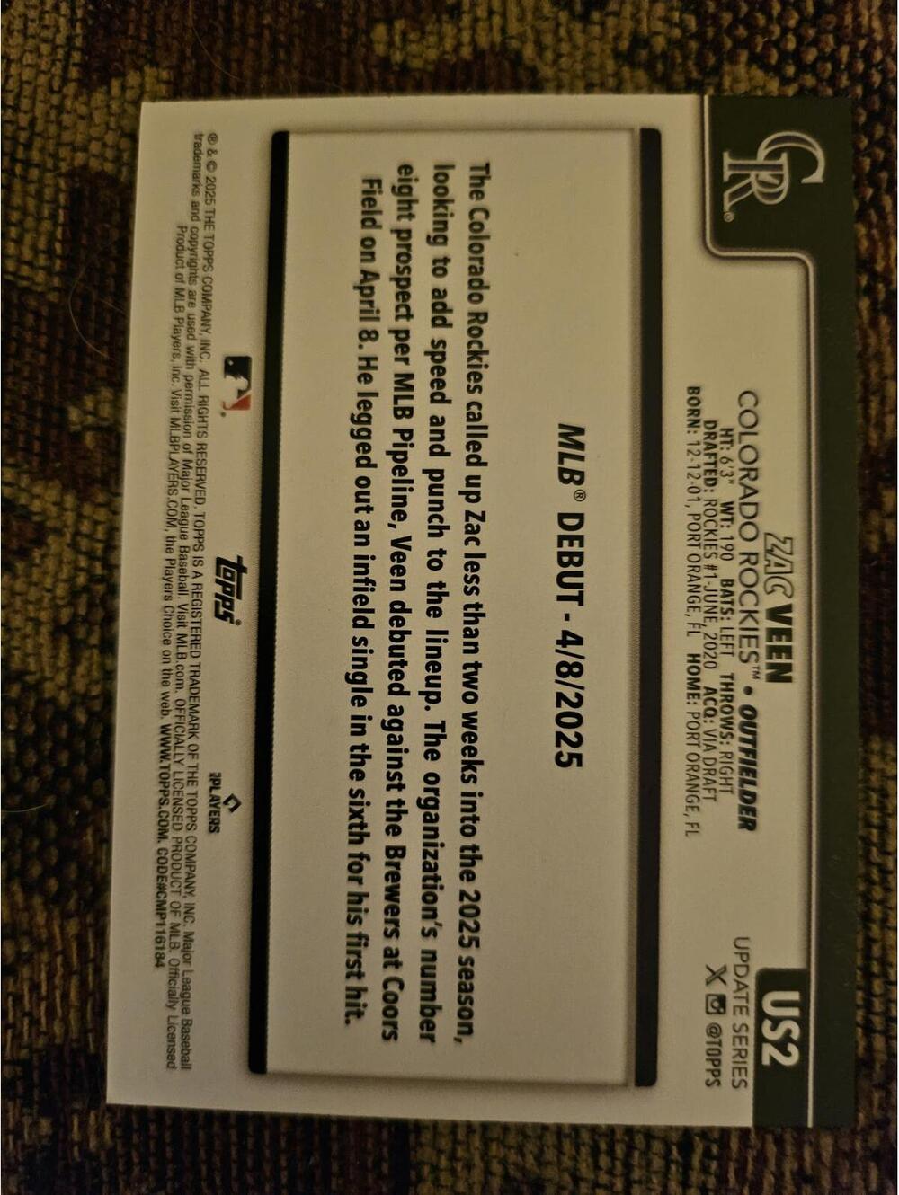 2025 Topps Update #US2 - Zac Veen - Rockies - Rookie Card - Picture 2 of 2